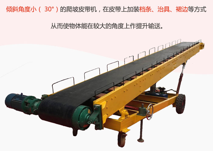 倾斜角度小（ 30°）的爬坡皮带机，在皮带上加装档条、治具、裙边等方式从而使物体能在较大的角度上作提升输送。